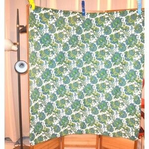 Vintage Tablecloth Green Blue Jardinière Folksy Cottage Core